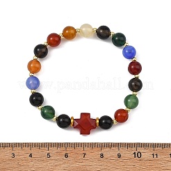 Dyed & Heated Natural Multi-Color Agate & Red Agate & Brass Beads Stretch Bracelets&nbsp;BJEW-JB13860