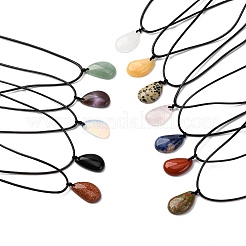 Natural & Synthetic Mixed Gemstone Teardrop Pendant Black Waxed Cord Adjustable Necklaces&nbsp;NJEW-G169-01