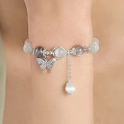 Butterfly Alloy & Cat Eye & Natural Moonstone Round Beaded Charm Bracelets for Women&nbsp;WG9D4EC-01
