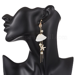 Brass Glass Pearl Shell Shape Dangle Stud Earrings&nbsp;EJEW-TA00764