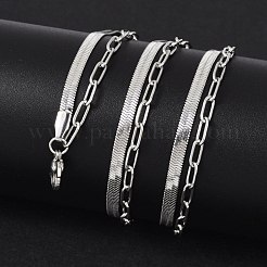 Non-Tarnish 304 Stainless Steel Paperclip & Herringbone Chains Double Layer Necklace for Men Women&nbsp;LS-NJEW-E046-01P