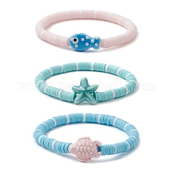 3Pcs 3 Styles Flat Round Handmade Polymer Clay Heishi Beaded Stretch Bracelets&nbsp;BJEW-JB11715