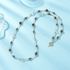Round Synthetic Non-Magnetic Hematite & Quartz Crystal & Natural Tiger Eye and Glass Twisted Bugle Beaded Necklaces&nbsp;NJEW-JN05726