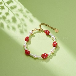 3D Lampwork Strawberry & Shell Pearl Beaded Bracelet for Women&nbsp;BJEW-TA00174