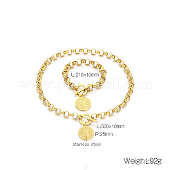 Flat Round with Saint Benedict 304 Stainless Steel Rolo Chain Pendant Necklace & Charm Bracelets Sets&nbsp;FS-WGC58E4-01