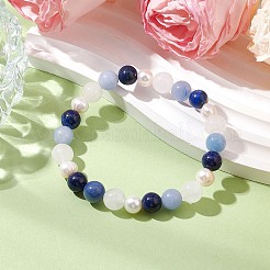Natural White Jade & Lapis Lazuli & Pearl Round Beaded Stretch Bracelets for Women&nbsp;BJEW-JB11041-02