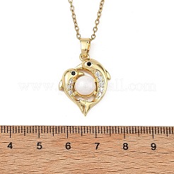 Ocean Brass Micro Pave Clear Cubic Zirconia and Natural Pearl Heart Dolphin Pendant 304 Stainless Steel Cable Chain Necklaces for Women&nbsp;NJEW-JN06262