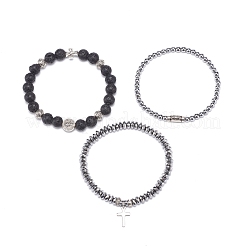 3Pcs 3 Style Natural Lava Rock & Synthetic Hematite Stretch Bracelets Set&nbsp;BJEW-JB08692