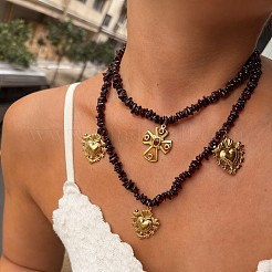 316 Surgical Stainless Steel Enamel Cross Sacred Heart Pendant Natural Garnet Chip Beaded Double Layer Necklaces for Women&nbsp;WG114DF-01