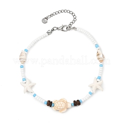 Boho Sea Turtle & Starfish Shell & Synthetic Turquoise Beaded Anklets&nbsp;AJEW-AN00783