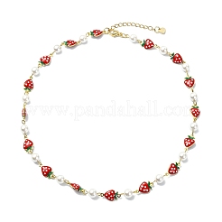 Brass Enamel Red Strawberry Link Chain Necklaces for Women&nbsp;NJEW-JN06121