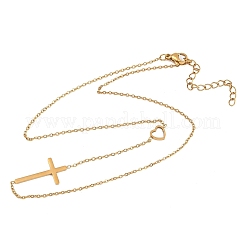 Religion 304 Stainless Steel Heart Cross Link Chain Necklaces&nbsp;NJEW-H093-03G