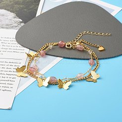 Natural Strawberry Quartz Beads Anklets Set for Girl Women&nbsp;AJEW-AN00450-03