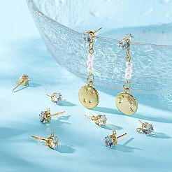 12 Pairs Flat Round Brass Clear Cubic Zirconi Stud Earring Findings&nbsp;KK-BC0008-77