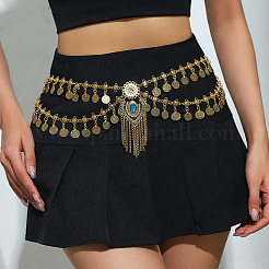 Ethnic Style Alloy Sapphire Rhinestone Heart Coin Tassel Double Layer Waist Belly Chains for Women&nbsp;FS-WG95DA8-01