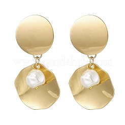 201 Stainless Steel Shell Pearl Flat Round Dangle Stud Earrings&nbsp;EJEW-JE06751-01