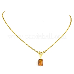 Natural Amber Cuboid Pendant 304 Stainless Steel Cable Chain Necklaces with Spring Ring Clasps&nbsp;NJEW-JN06064