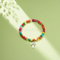 Synthetic Turquoise(Dyed) & Acrylic Beaded Stretch Bracelet with Alloy Charm for Women&nbsp;BJEW-JB08627-02