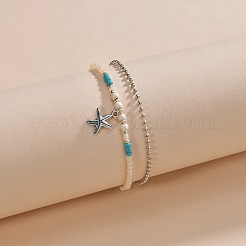 1Pc Starfish Alloy Charm Glass Seed Beaded Stretch Anklets and 1Pc Alloy Ball Chain Anklets&nbsp;FS-WGED47C-01