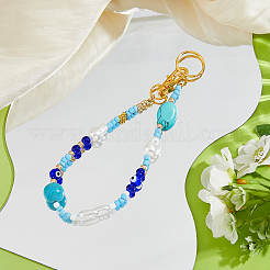 Glass & Synthetic Turquoise & ABS Plastic Imitation Pearl Keychain&nbsp;HJEW-FH00142