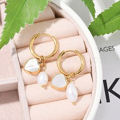 304 Stainless Steel & Natural Pearl & Natural Shell Hoop Earrings&nbsp;EJEW-M070-14G
