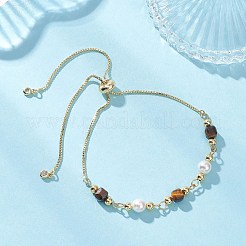 Natural Tiger Eye Cube & Shell Pearl Round Beads Link Bracelets&nbsp;BJEW-JB12907-01