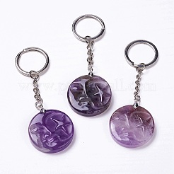 Flat Round with Moon & Star Natural Gemstone Pendant Keychain&nbsp;G-G993-01P