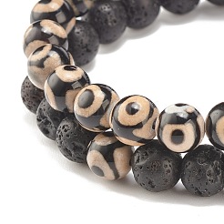 2Pcs 2 Style Natural Tibetan 3-Eye dZi Agate & Lava Rock Mala Bead Bracelets Set&nbsp;BJEW-JB07889