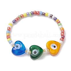 3Pcs 3 Style Heart & Flower & Hamsa Hand Lampwork & Seed Beaded Stretch Bracelets&nbsp;BJEW-JB09372