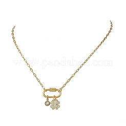 Brass Micro Pave Clear Cubic Zirconia Four Leaf Clover Pendant 304 Stainless Steel Paperclip Chain Necklaces with Screw Clasps&nbsp;NJEW-JN06498