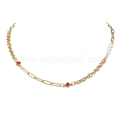 Round White Shell Pearl & Rhombus 304 Stainless Steel Glass Link Chain Necklaces for Women&nbsp;NJEW-JN05586