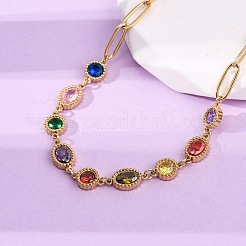 304 Stainless Steel Colorful Cubic Zirconia Flat Round Oval Link Chain Necklaces for Women&nbsp;LS-NJEW-A051-06G