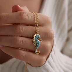 Ocean 304 Stainless Steel Aquamarine Rhinestone Sea Horse Pendant Cable Chain Necklaces for Women&nbsp;WGFC42F-01