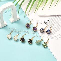 Wire Wrap Round Mixed Stone Beads Dangle Earrings&nbsp;EJEW-JE04659