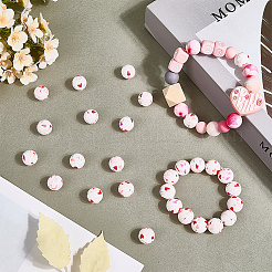 30Pcs Printed Round with Heart Pattern Silicone Focal Beads&nbsp;SIL-SC0002-84F