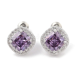 Brass Pave Cubic Zirconia Square Stud Earrings for Women&nbsp;EJEW-I304-21P