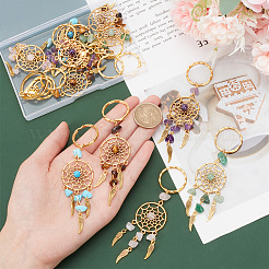 12Pcs Woven Net/Web with Feather Natural & Synthetic Gemstone Pendant Keychain&nbsp;KEYC-PH0001-80