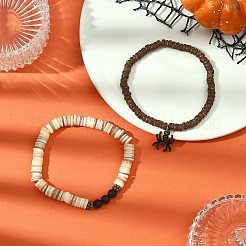 2Pcs Natural Black Agate & Coconut & Shell Beads Stretch Bracelets&nbsp;BJEW-JB12673