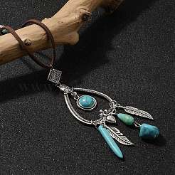 Bohemian Style Alloy Feather & Synthetic Turquoise Heart Long Pendant Necklaces for Women&nbsp;NJEW-G158-01A