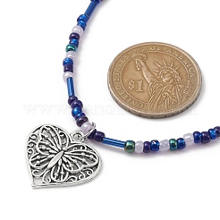 Tibetan Style Alloy Heart with Butterfly Pendant Necklace with Seed Beaded Chains&nbsp;NJEW-JN04341