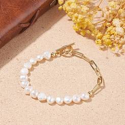 Natural Pearl Beaded Bracelet with Brass Paperclip Chains for Women&nbsp;BJEW-JB07920-01