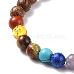 Natural Wood & Gemstone Round Beaded Stretch Bracelet with Alloy Tree Charm&nbsp;BJEW-JB08100