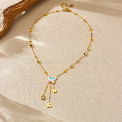 304 Stainless Steel Enamel with Clear Cubic Zirconia Colorful Butterfly Flower Tassel Pendant Necklaces for Women&nbsp;FS-WGAFF89-01