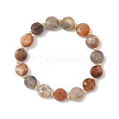 Natural Fossil Coral Faceted Flat Round Beaded Stretch Bracelets with Brass Round Beads for Women&nbsp;BJEW-JB14168