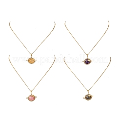 4Pcs 4 Styles Natural Labradorite & Yellow Hematoid Quartz & Amethyst & Dyed Green Jade Copper Wire Wrapped Planet Pendant Brass Cable Chain Necklaces for Women&nbsp;NJEW-TA00260