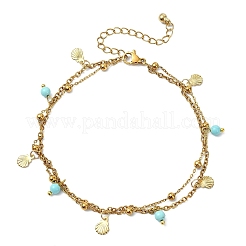 Round Natural Mixed Gemstone & 304 Stainless Steel Charm 2-Strand Anklets for Women&nbsp;AJEW-AN00816