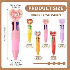 15Pcs 5 Colors Plastic Heart 4-in-1 Ballpoint Pen&nbsp;AJEW-TA0005-81