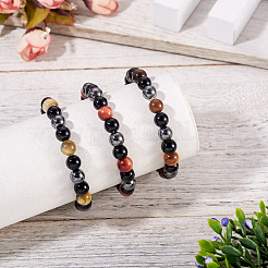 3Pcs 3 Styles 8MM Round Natural Tiger Eye & Black Onyx & Black Obsidian & Synthetic Non-Magnetic Hematite Beads Stretch Bracelets for Women Men&nbsp;BJEW-TA0001-20