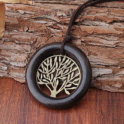 Alloy Tree of Life Wood Ring Pendant PU Leather Cord Long Necklaces for Women Men&nbsp;FS-WGD2271-01
