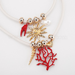 Sun Red Coral Shape Alloy & Plastic Pearl Pendant Imitation Leather Cord Double Layer Necklaces&nbsp;FS-WG16676-01